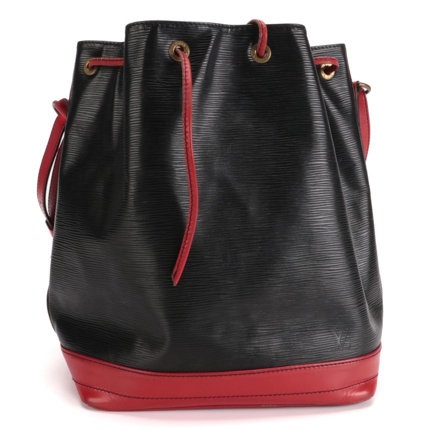 Louis Vuitton Noé Drawstring Bucket Bag in Black Epi and Red Smooth Leather