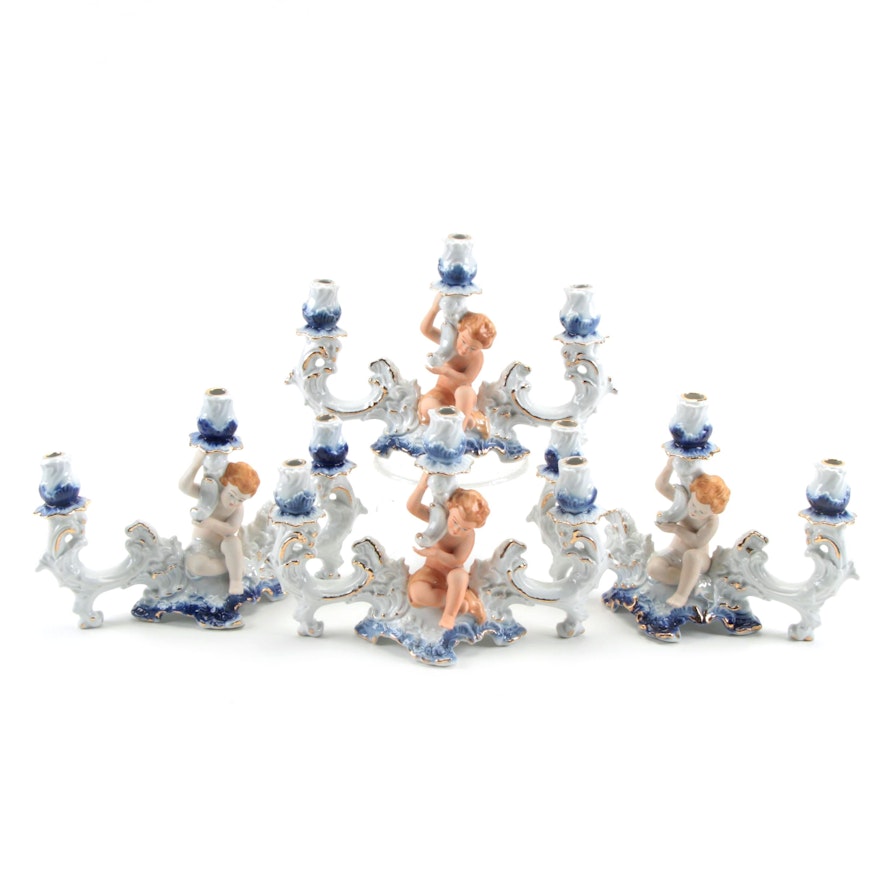 Rococo Style Putti Porcelain Candelabras, Late 20th Century