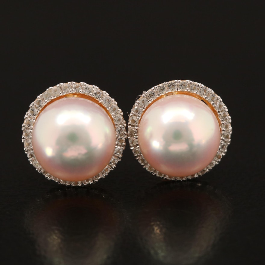 Sterling Pearl and Topaz Halo Stud Earrings