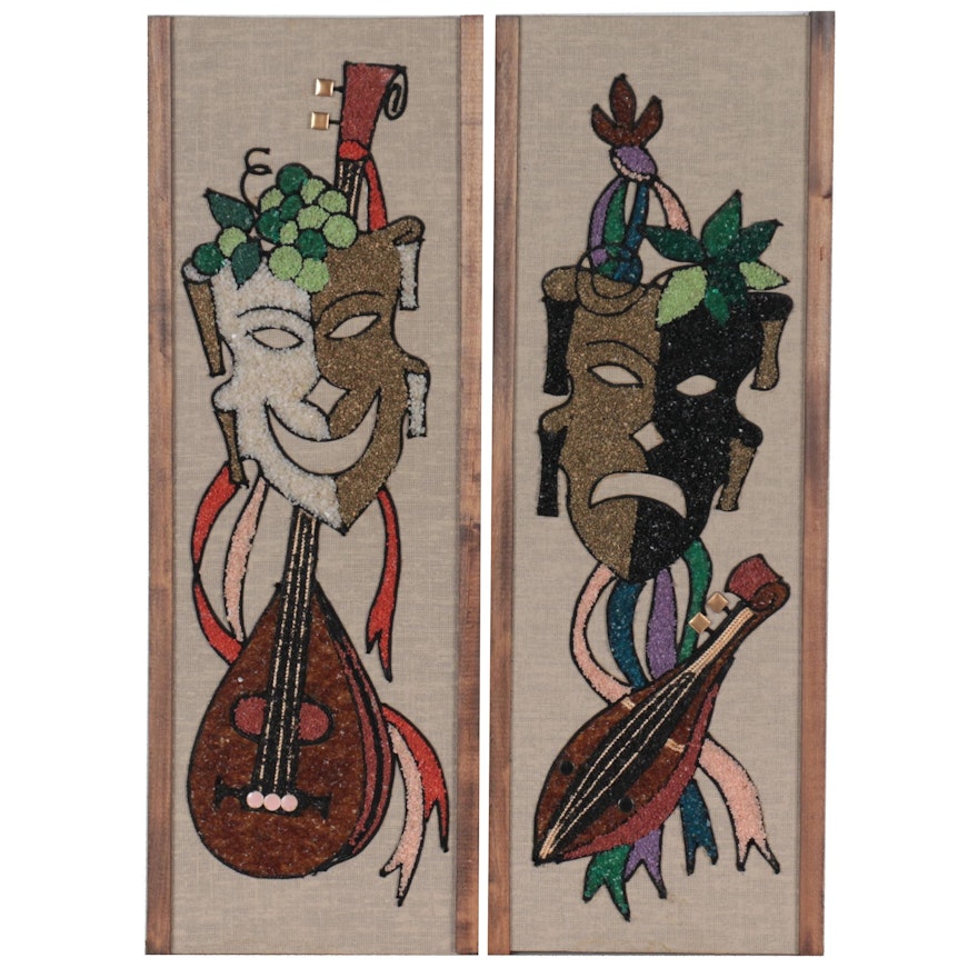 Mixed Media Panels of Comedy and Tragedy Masks, Mid-20th Century