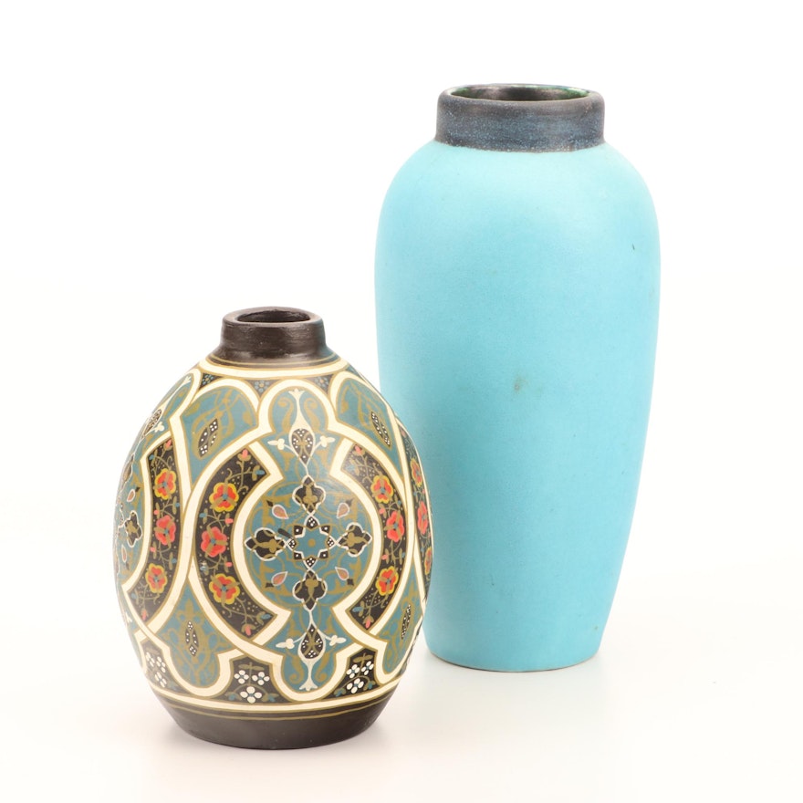 French Pottery Blue-Glazed Vase and Arabesque-Painted Vase