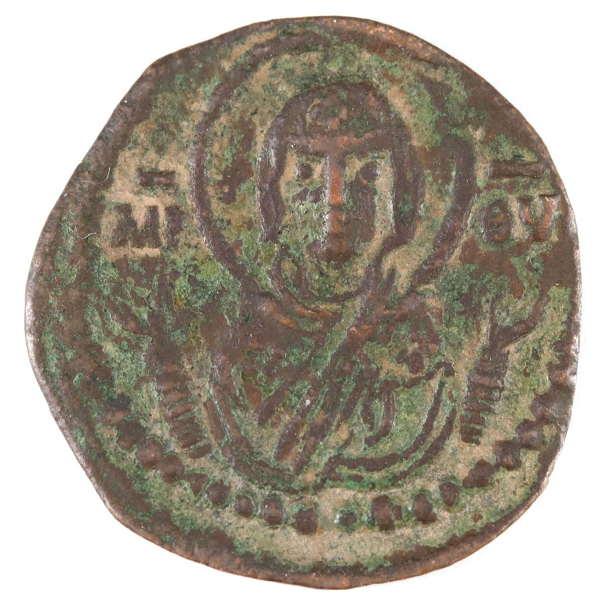 Ancient Byzantine Class G Anonymous Follis Coin, Virgin Mary/Christ, ca. 1068