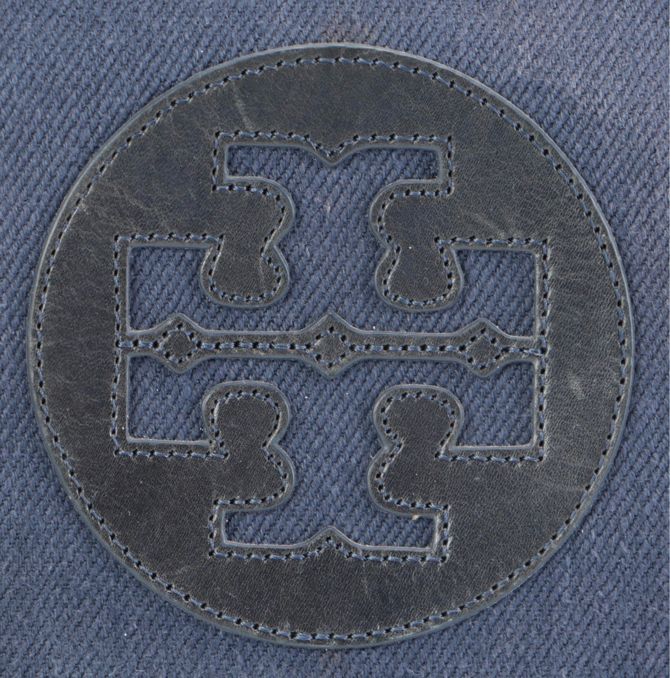 Tory Burch Logo Tote in Navy Blue Canvas with Leather Trim