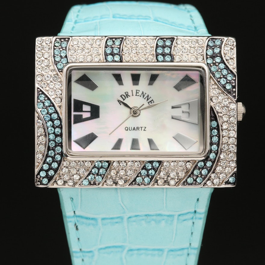 Adrienne Crystal and Mother of Pearl Stainless Steel Quartz Wristwatch