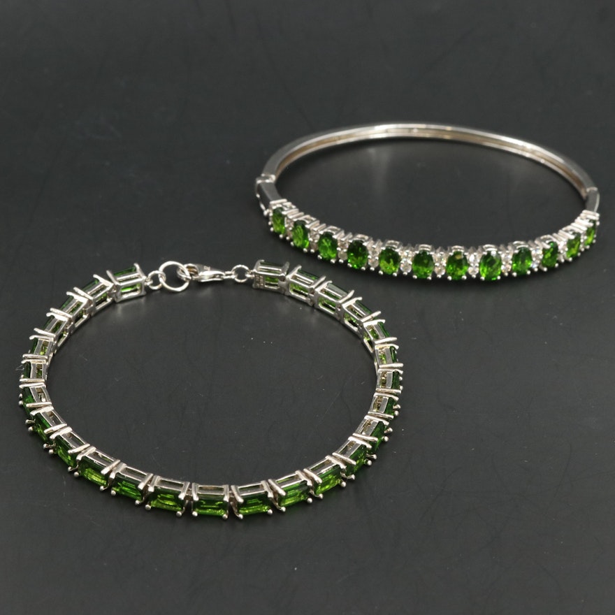 Sterling Silver Line Bracelet and Bangle Featuring Diopside and White Zircon