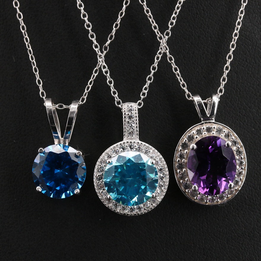 Sterling Pendant Necklaces Including Amethyst, Topaz and Cubic Zircona