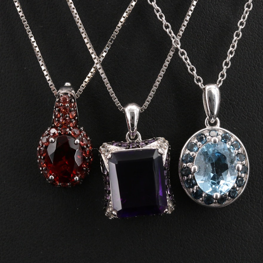 Sterling Necklaces Including Garnet, Amethyst and Topaz