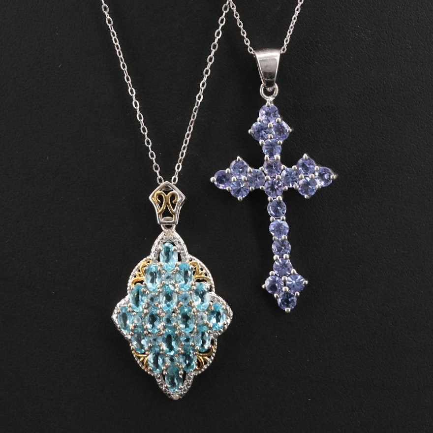 Sterling Diamond and Gemstone Navette and Cross Necklaces