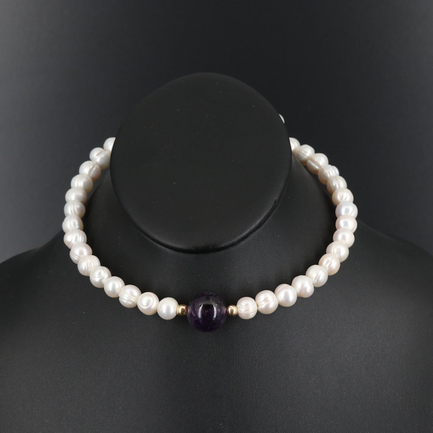 Amethyst and Pearl Choker Necklace with 14K Accent Beads