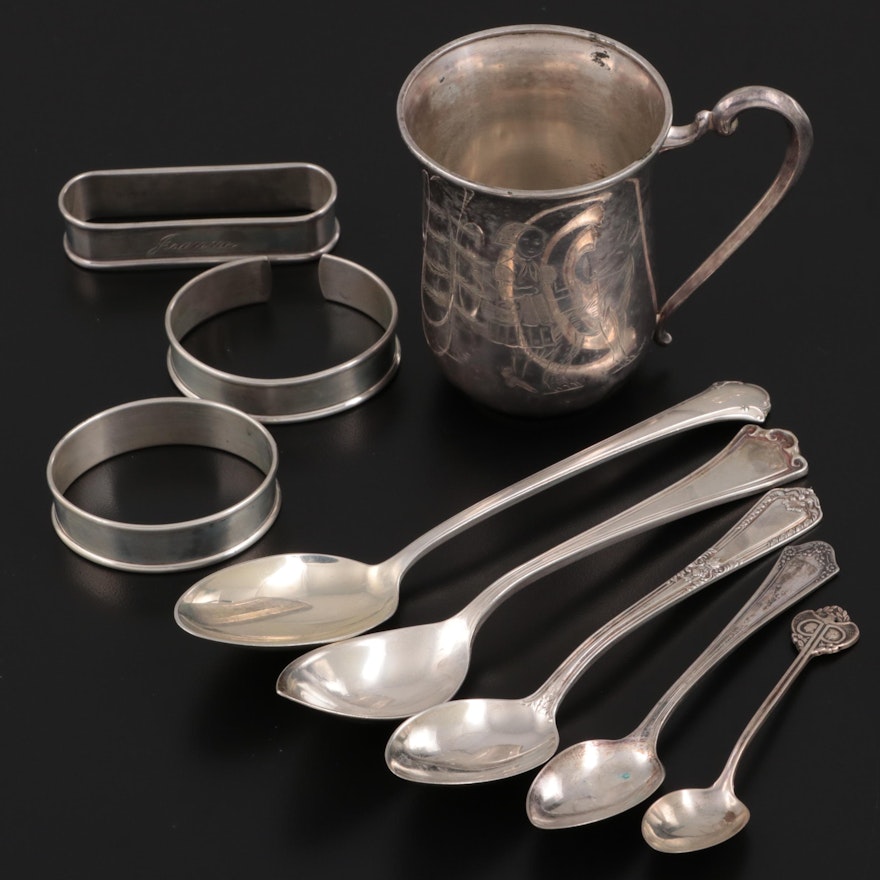 Gorham Sterling Napkin Rings with Assorted Silver Spoons and Alpaca Child Mug