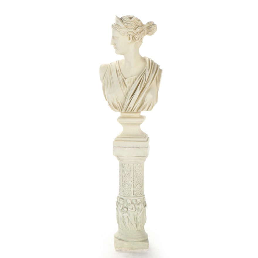 Diana of Versailles Replica Cast Resin Bust with Figural Frieze Ceramic Pedestal