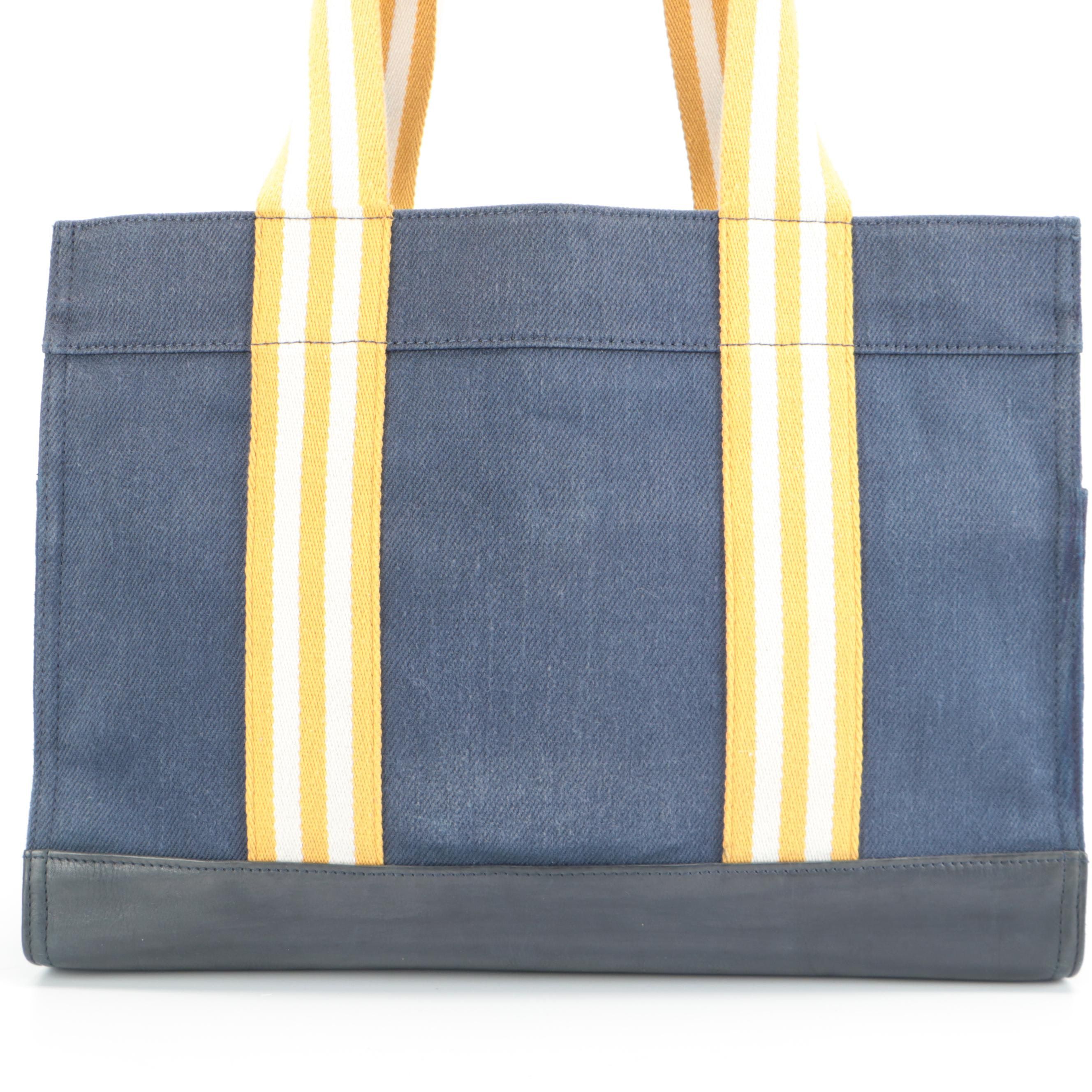 Tory Burch Logo Tote in Navy Blue Canvas with Leather Trim