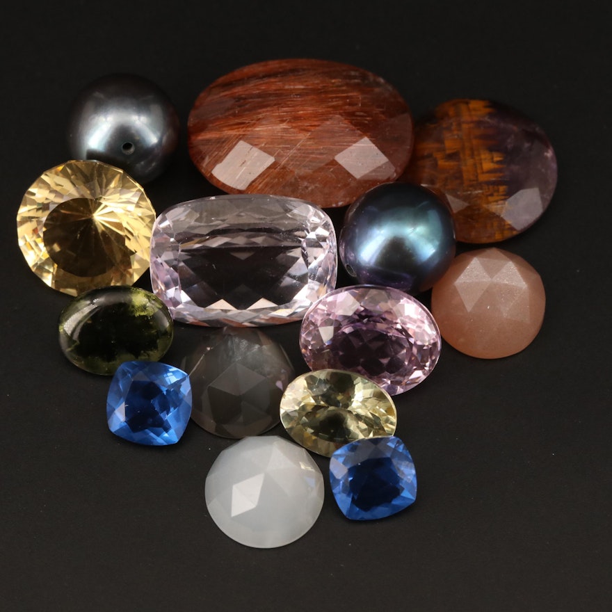 Loose Mixed Cut Kunzite, Rutilated Quartz, Color Changing Fluorite and Gemstones