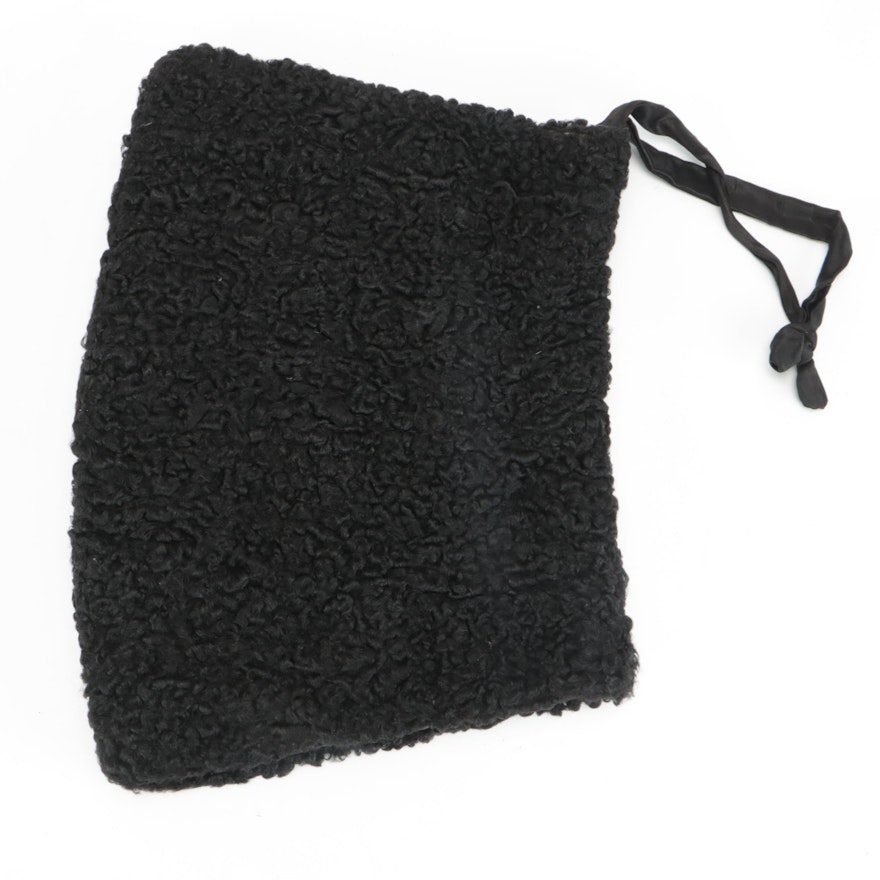 Black Persian Lamb Fur Muff with Interior Zip Pocket