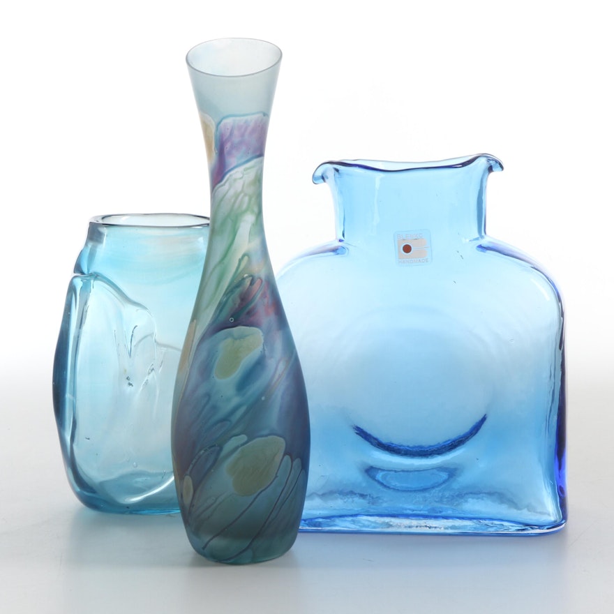 Blenko Blue Glass Double Spout Pitcher and Other Art Glass Vases