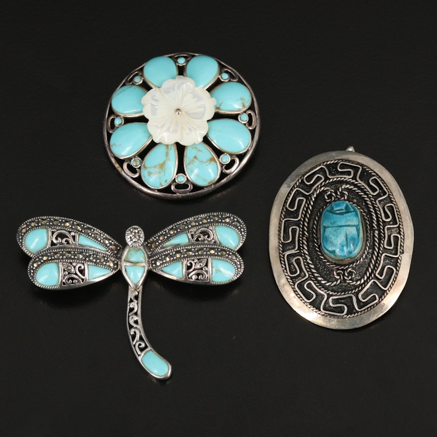 Sterling Silver Dragonfly and Converter Brooches with Faience