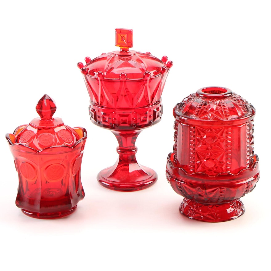 Fostoria Ruby "Coin" Jar and "Windsor" Chalice, Indiana Ruby Flash Fairy Lamp