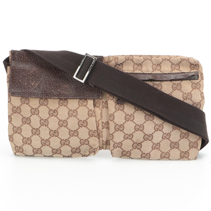 Gucci Belt Bag in GG Canvas and Brown Textured Leather
