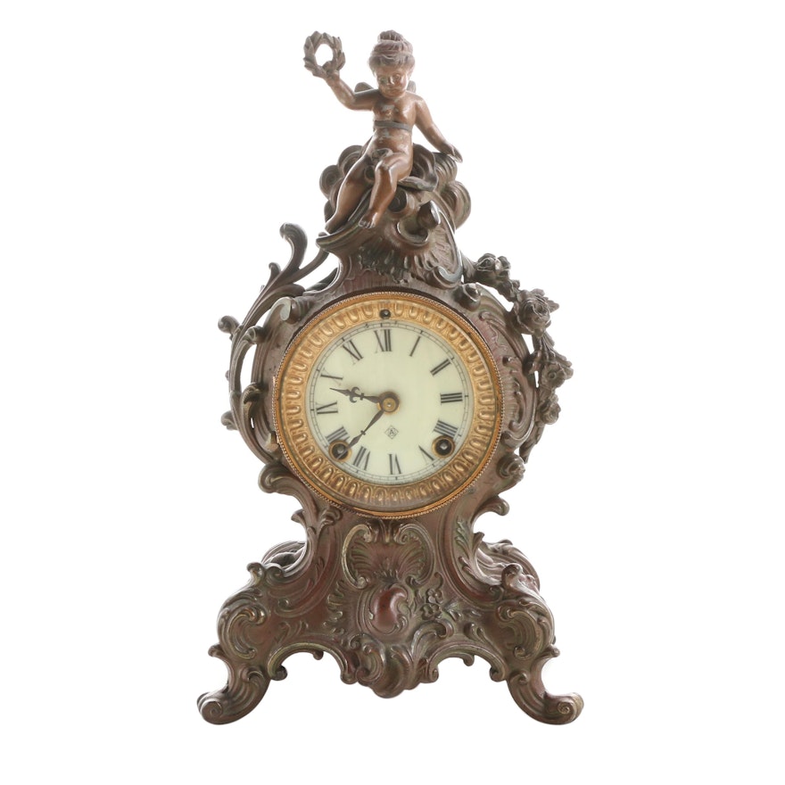 Ansonia "Cygnet" Bronze Tone Mantel Clock, Early 20th Century