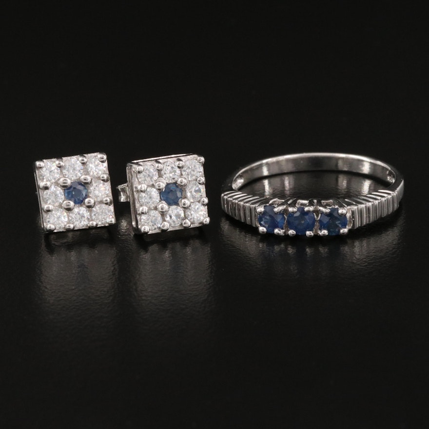 Sterling Silver Ring and Earrings Featuring Sapphire and White Zircon