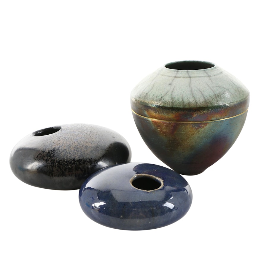 Emma Luna Crackle Glaze Raku Vessel and Other Ikebana Pottery Vases