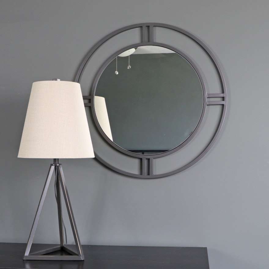 Metal Circular Wall Mirror and Surya "Belmont" Metal Table Lamp