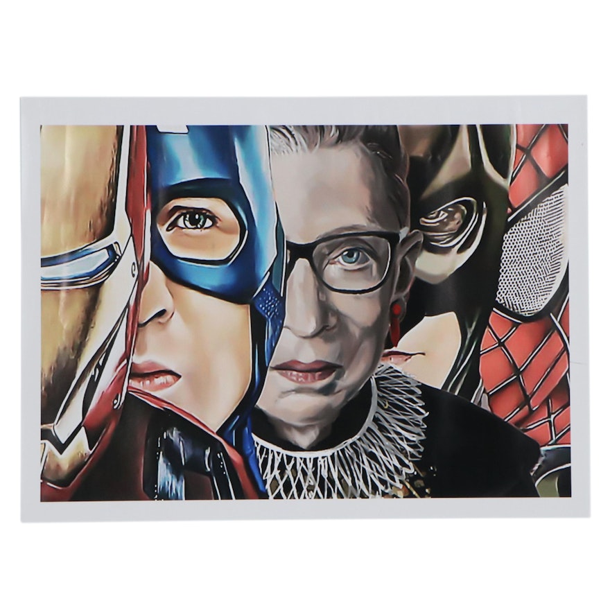 Pop Art Giclée of Ruth Bader Ginsburg with Comic Book Super-Heroes