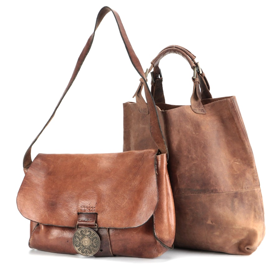 Distressed Leather Satchel and Tote Bag