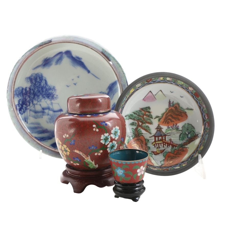 Chinese Cloisonné Ginger Jar and Teacup, and Other Bucolic Scene Porcelain Bowls