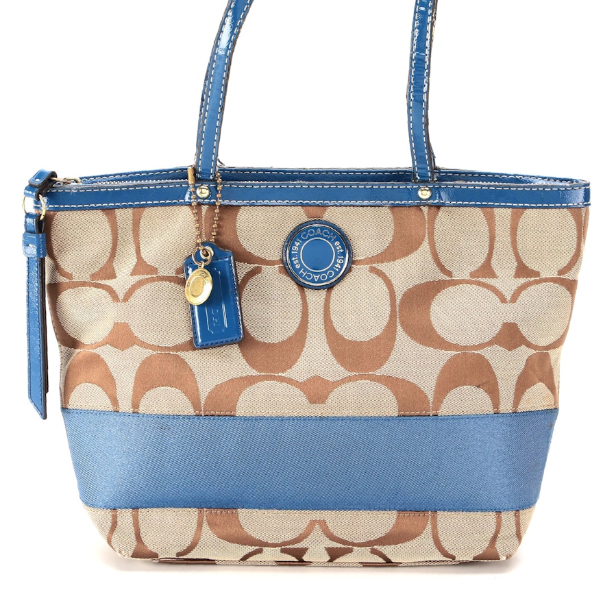 Coach Stripe Shoulder Bag in Signature Canvas and Blue Patent Leather