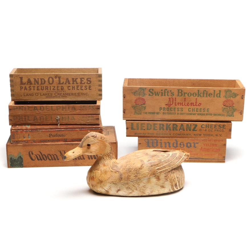 Cigar and Cheese Advertising Boxes with Husk-Covered Wooden Duck