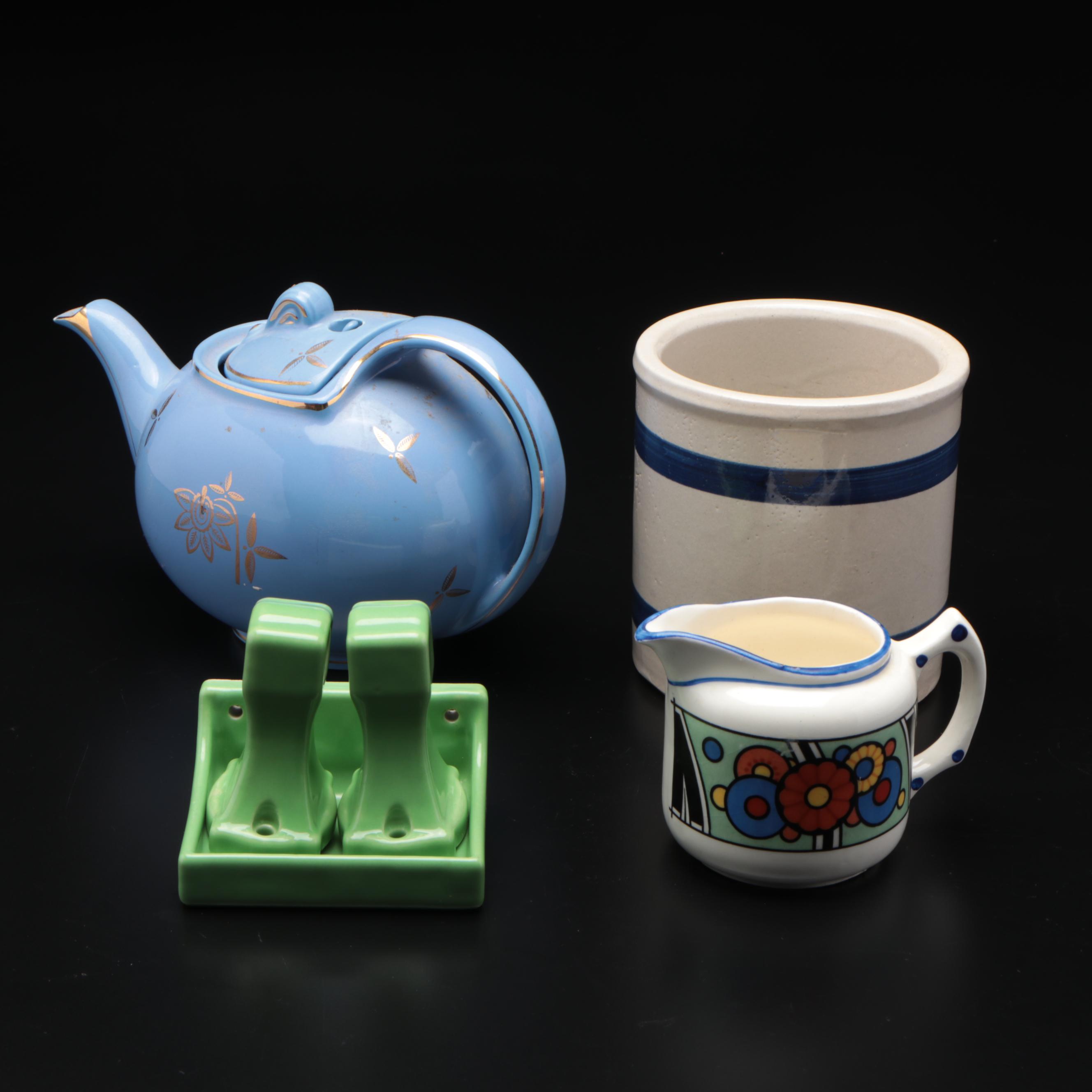 Hall Pottery Ceramic Airflow Ball Teapot, and Other Tableware, Mid-20th Century
