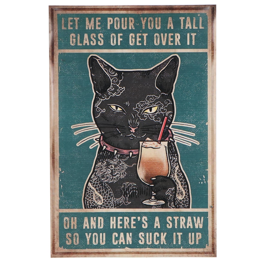 Contemporary Giclée of Black Cat With Cocktail