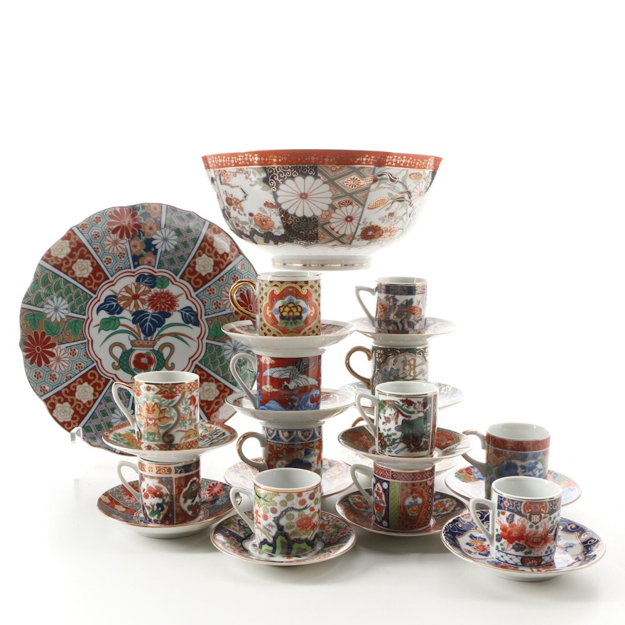 Japanese Imari Style Porcelain Bowl, Cake Stand and Demitasse Cups and Saucers