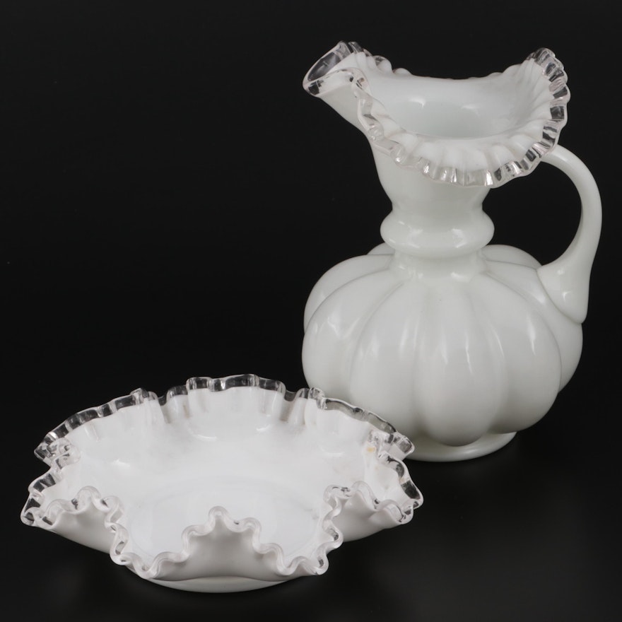 Fenton Style Silver Crest Pitcher and Ruffled White Glass Candy Bowl