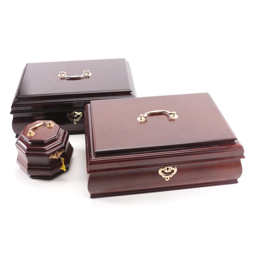 Chippendale Style Mahogany Jewelry Boxes and Octagonal Box, Late 20th Century