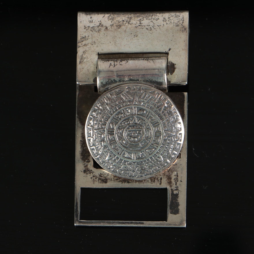 Mexican Sterling Silver Aztec Calendar Monogrammed Money Clip