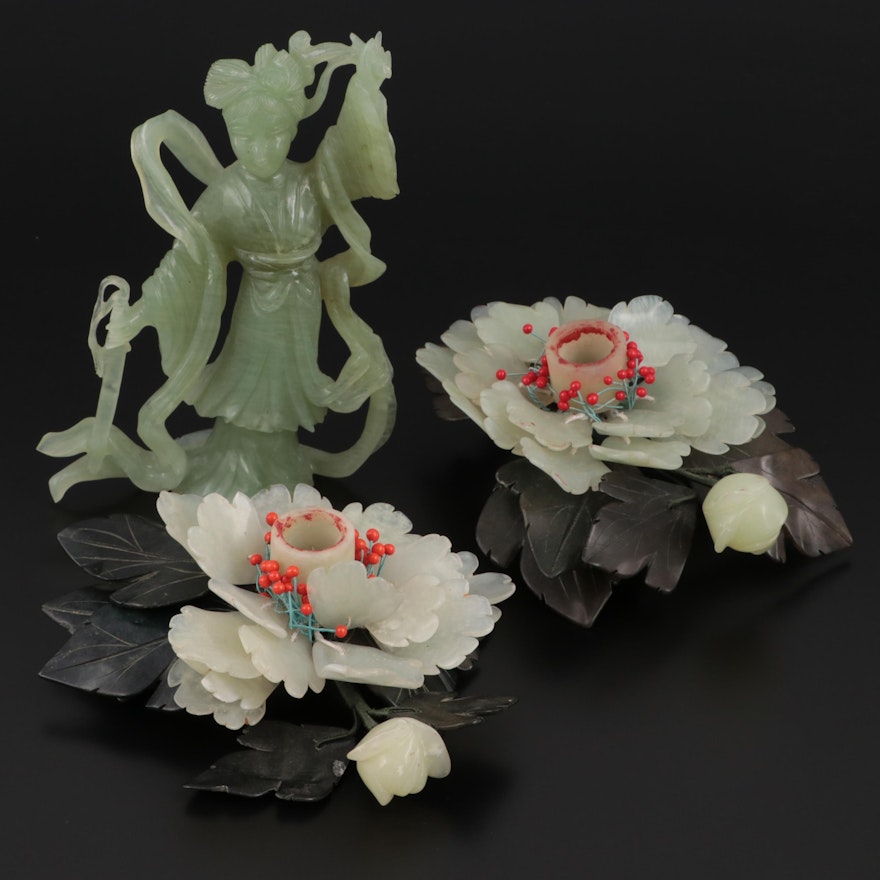 Chinese Peony Form Serpentine Candlesticks and Carved Female Figurine