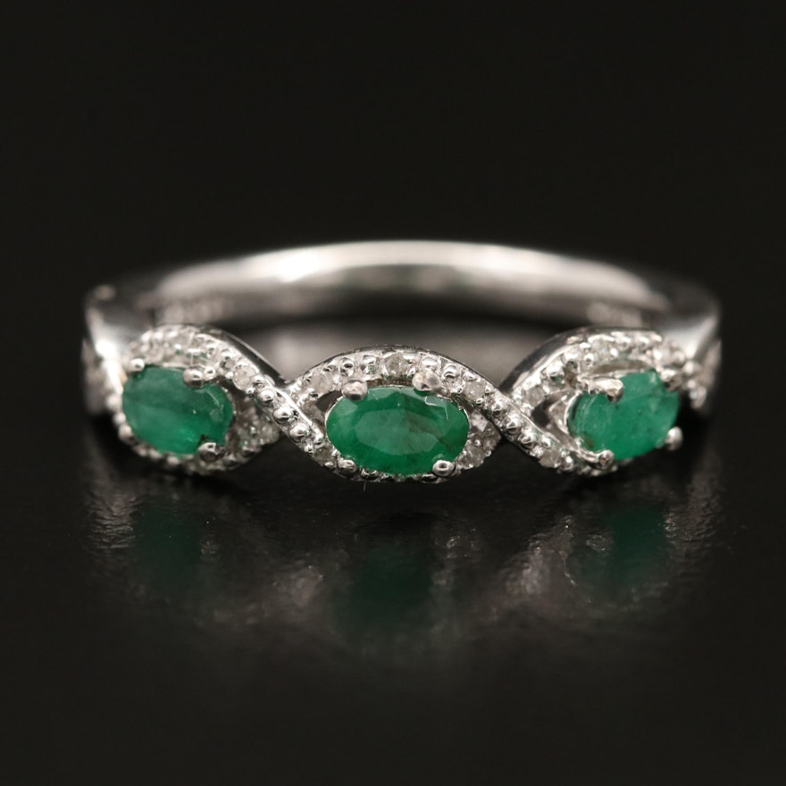 Sterling Silver Emerald Ring with Twisted Diamond Trim