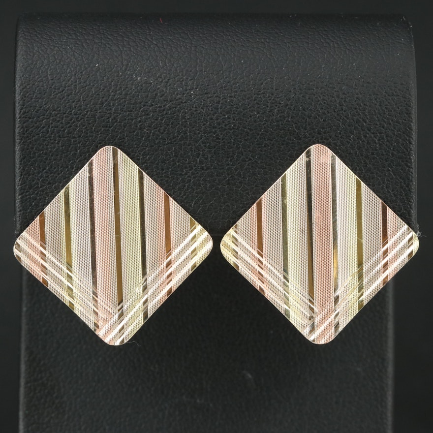 14K Tri-Color Textured Button Earrings