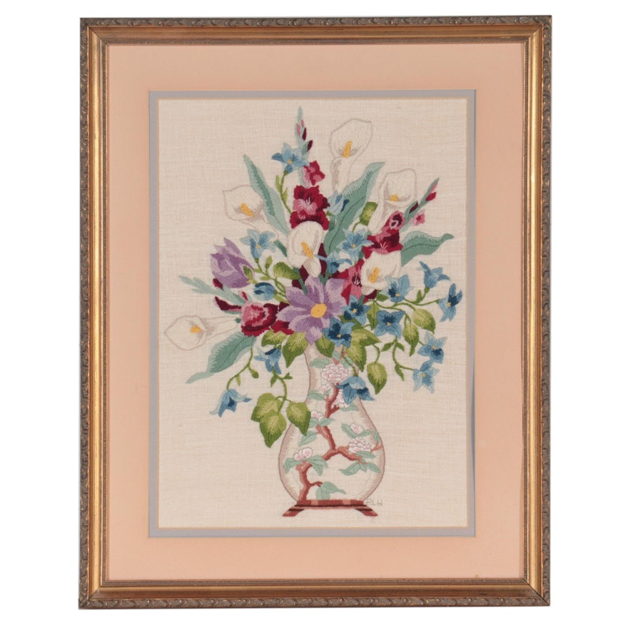 Handmade Embroidered Still Life Wall Hanging, Late 20th Century