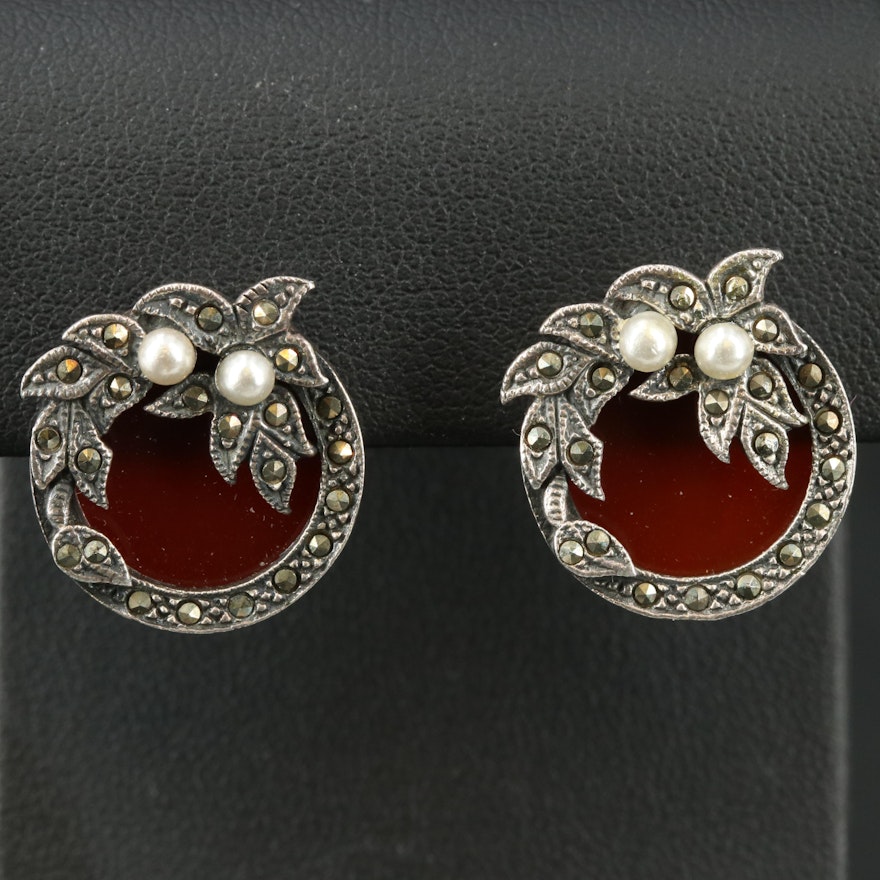 Sterling Carnelian, Faux Pearl and Marcasite Earrings