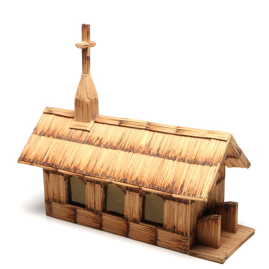 Handmade Matchstick Figural Church Model and Accent Lamp