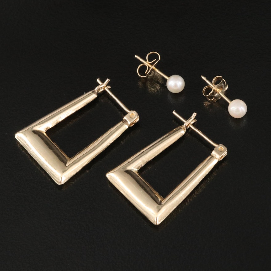 14K Pearl Stud Earrings with Rectangular Hoop Earrings