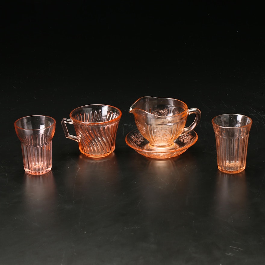 Pink Clear Glass Cream Pitcher, Cups and Bowls