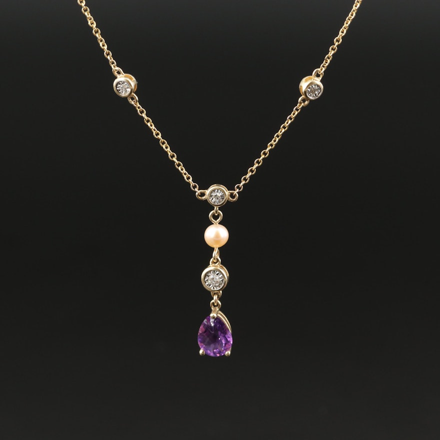 10K Amethyst, Diamond and Pearl Lavalier Necklace
