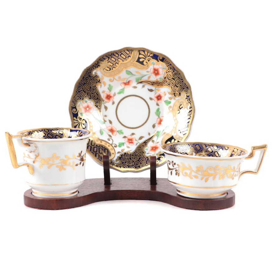 English Imari Porcelain Teacups and Saucer on Wooden Stand, Early to Mid 19th C.