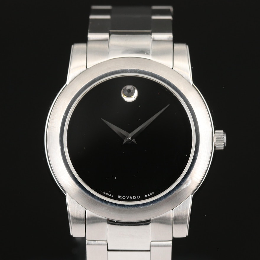 Stainless Steel Movado Museum Black Dial Wristwatch