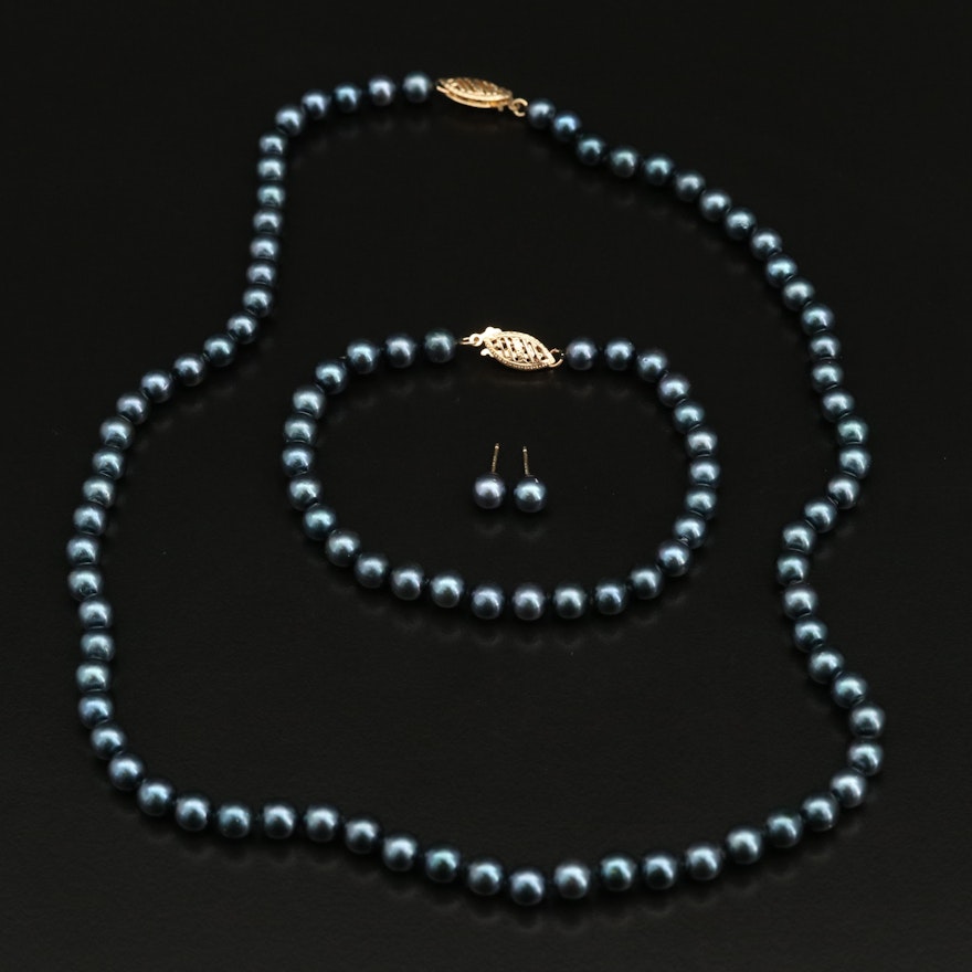 Pearl Necklace, Bracelet and Earring Set with 14K Findings