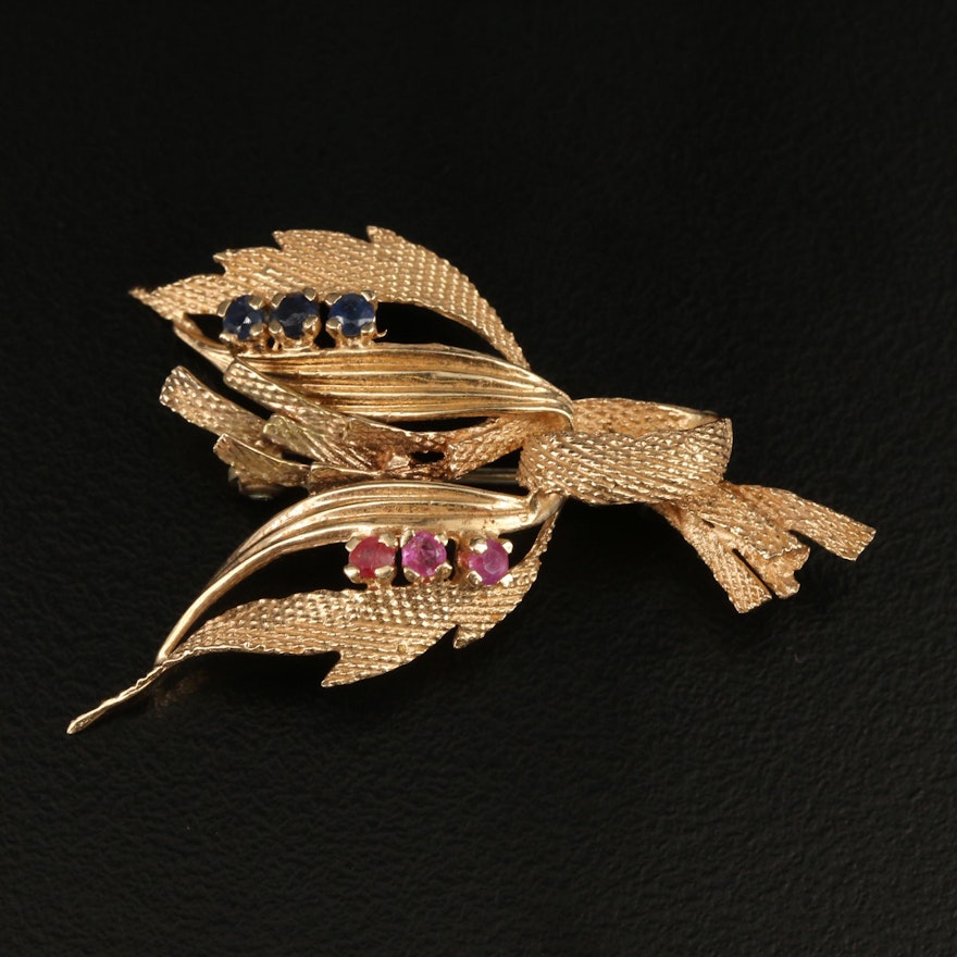 Vintage 14K Sapphire and Ruby Foliate Brooch